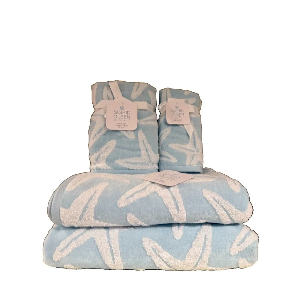 Sigrid Olsen Starfish Bathroom Towel Set 100% Cotton ~ 2Bath 2Hand 2Finger New